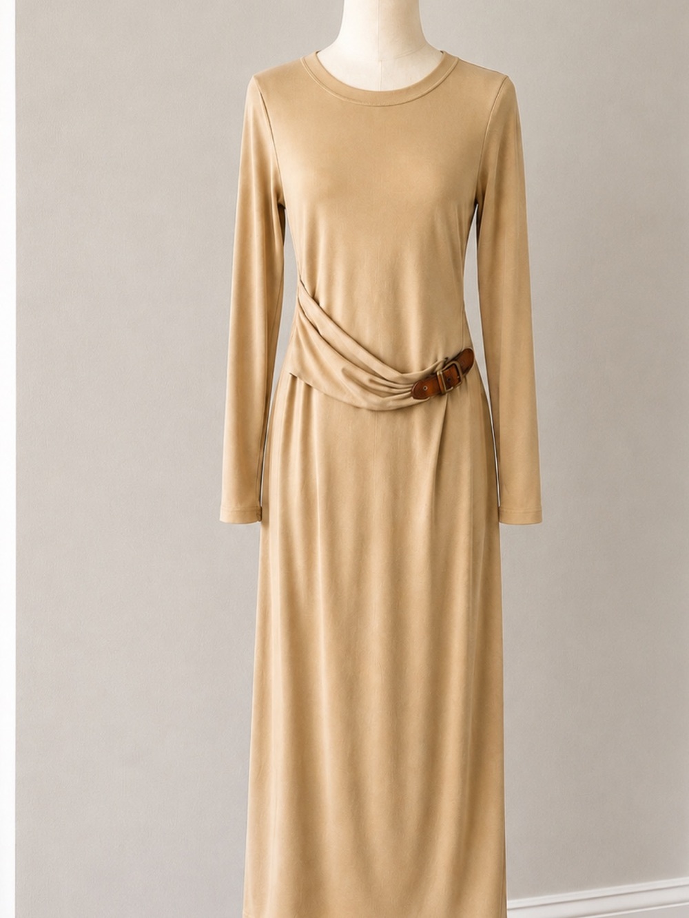 Ralph Lauren Tan Long-Sleeve Maxi Dress with Draped Belt